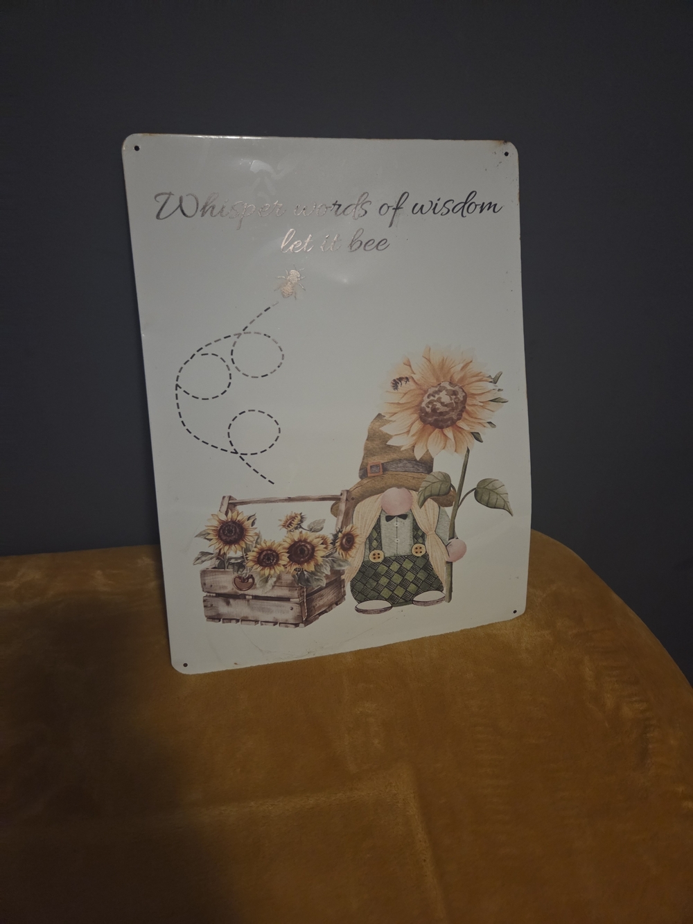 Sunflower Gnome Metal Wall Plaque - Cream & Yellow